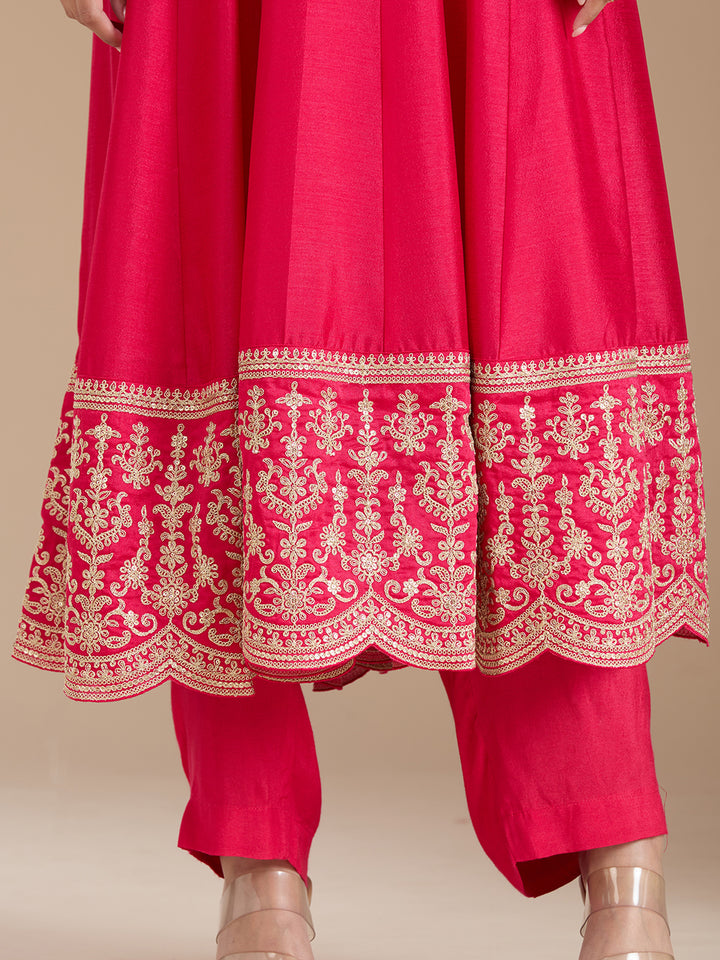 Rani Pink Threadwork Soft Raw Silk Readymade Salwar Suit