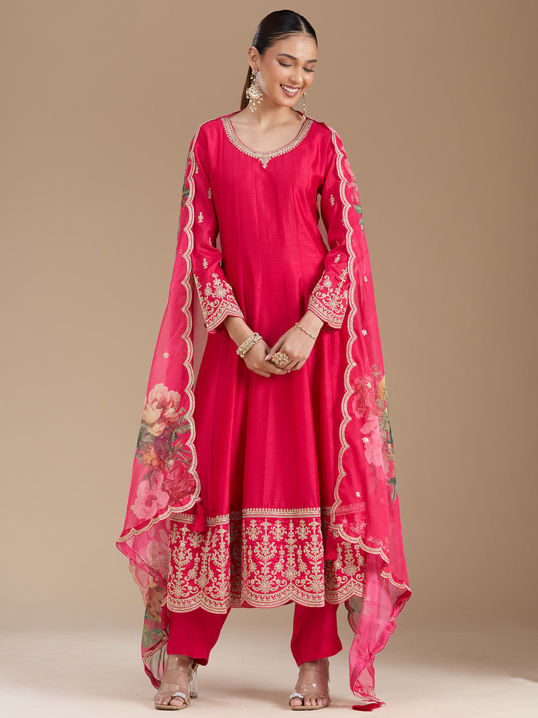 Rani Pink Threadwork Soft Raw Silk Readymade Salwar Suit