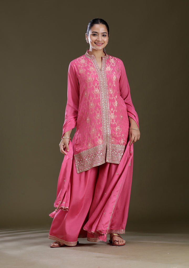 Pink Threadwork Chinon Readymade Salwar Suit