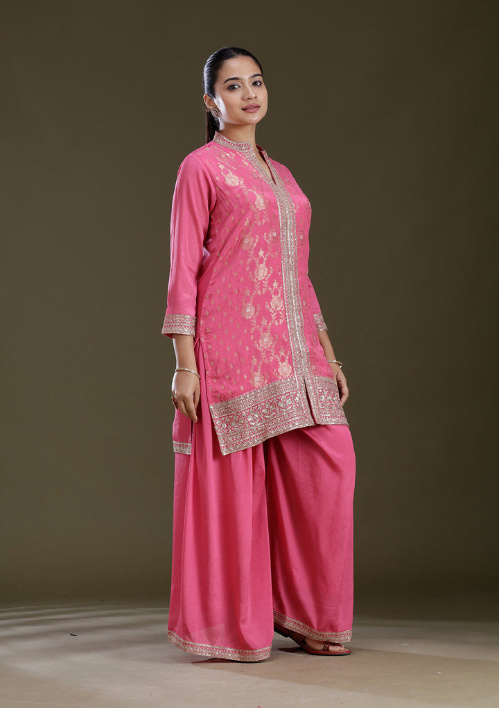 Pink Threadwork Chinon Readymade Salwar Suit