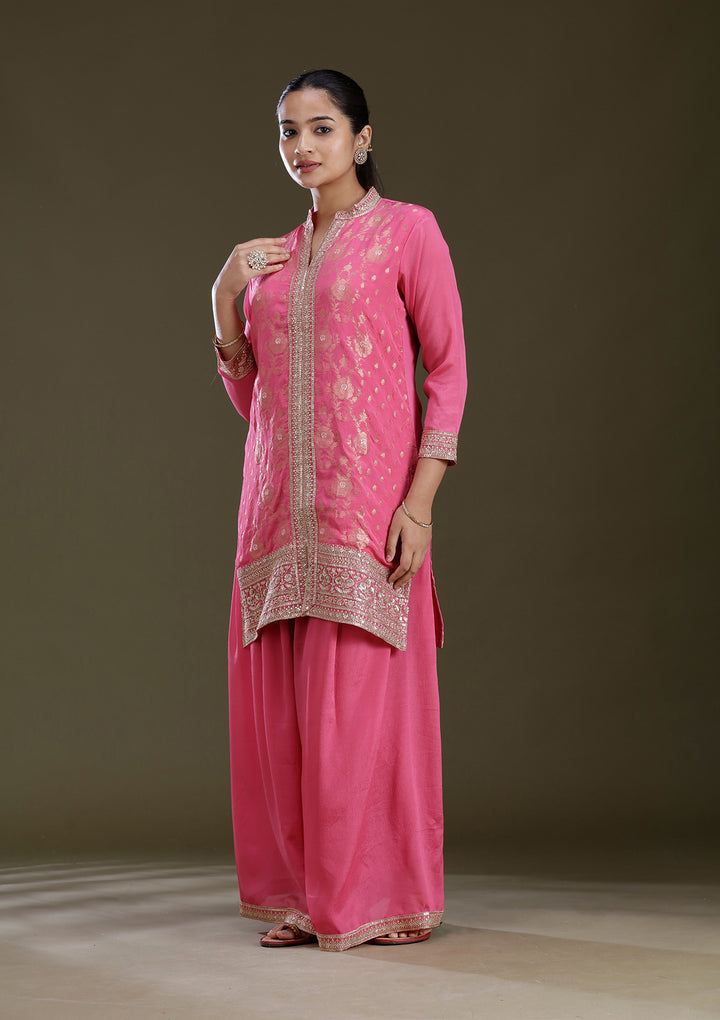 Pink Threadwork Chinon Readymade Salwar Suit