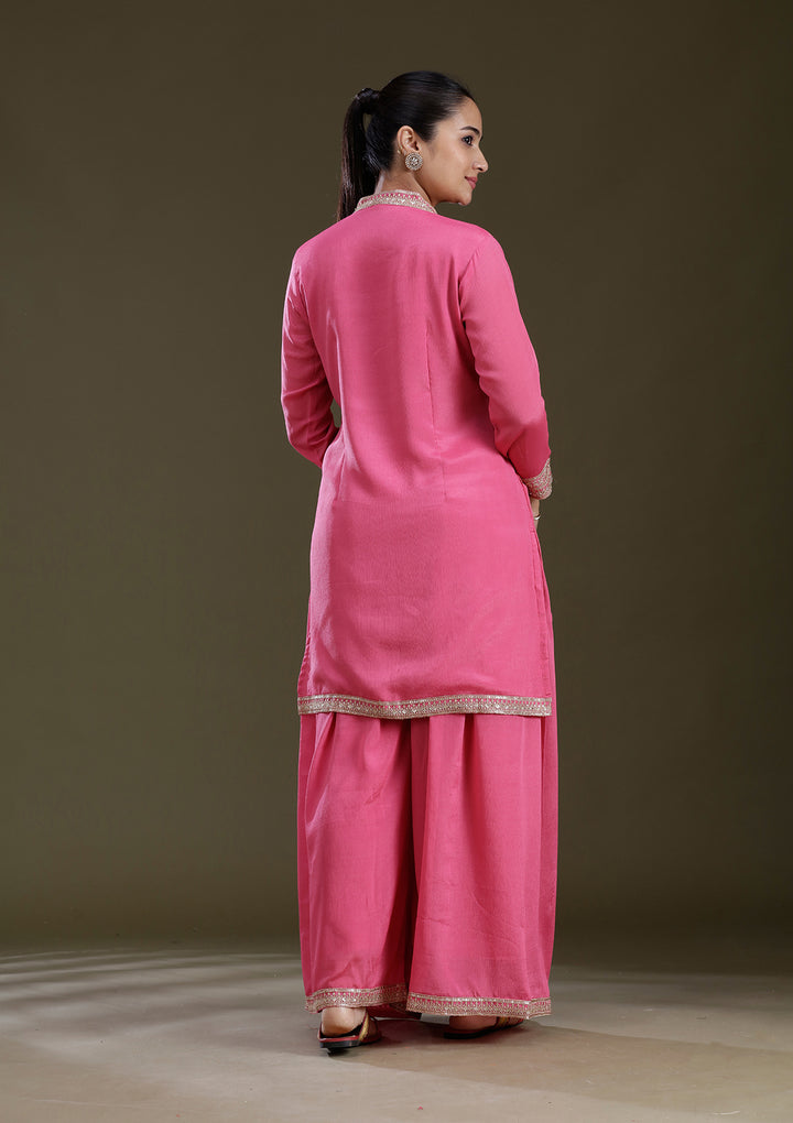 Pink Threadwork Chinon Readymade Salwar Suit