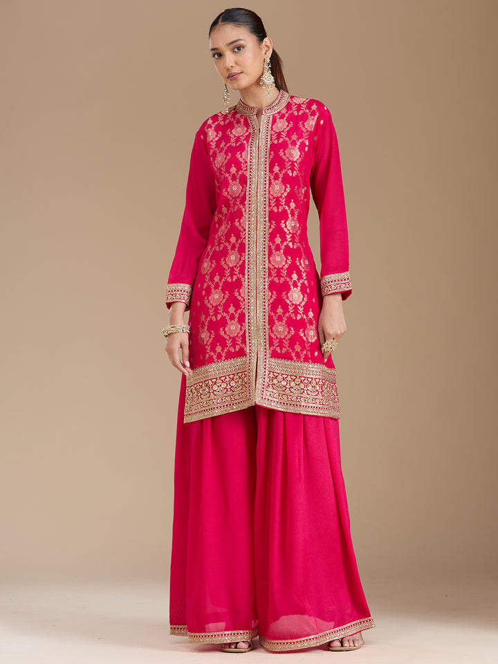Rani Pink Threadwork Soft Raw Silk Readymade Salwar Suit