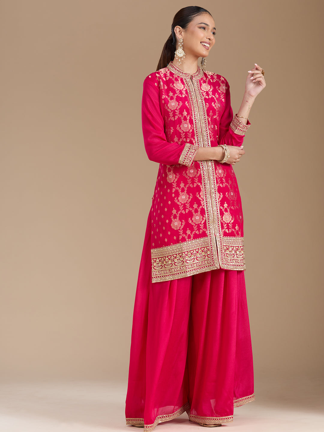 Rani Pink Threadwork Soft Raw Silk Readymade Salwar Suit