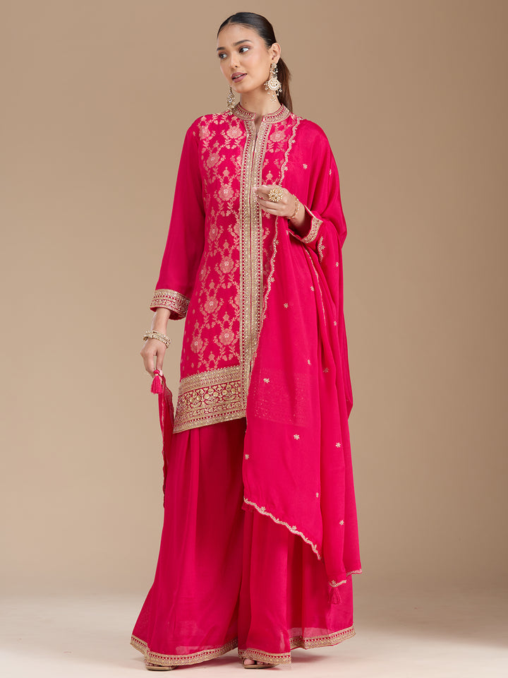 Rani Pink Threadwork Soft Raw Silk Readymade Salwar Suit