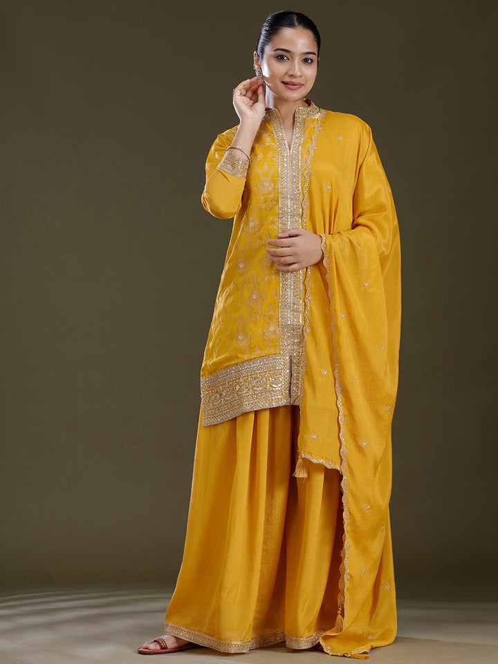 Yellow Zariwork (Gold) Chinon Readymade Salwar Suit