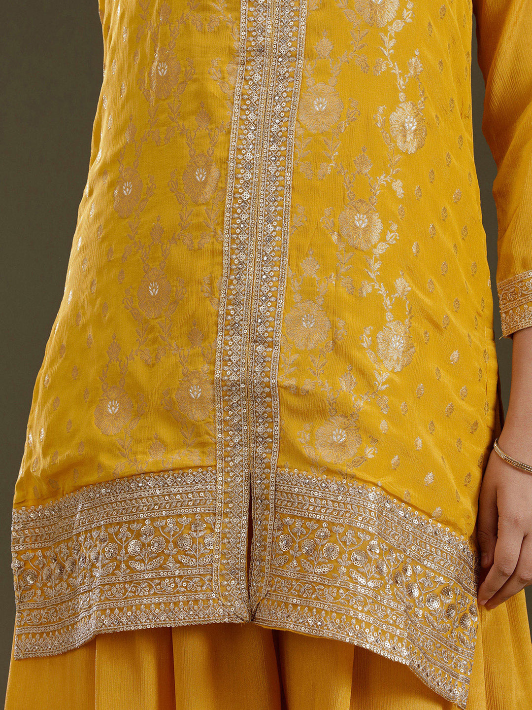 Yellow Zariwork (Gold) Chinon Readymade Salwar Suit