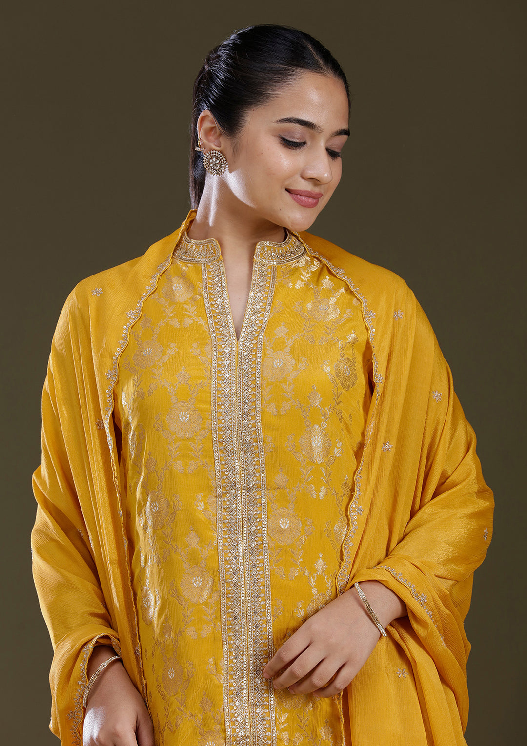 Yellow Zariwork (Gold) Chinon Readymade Salwar Suit