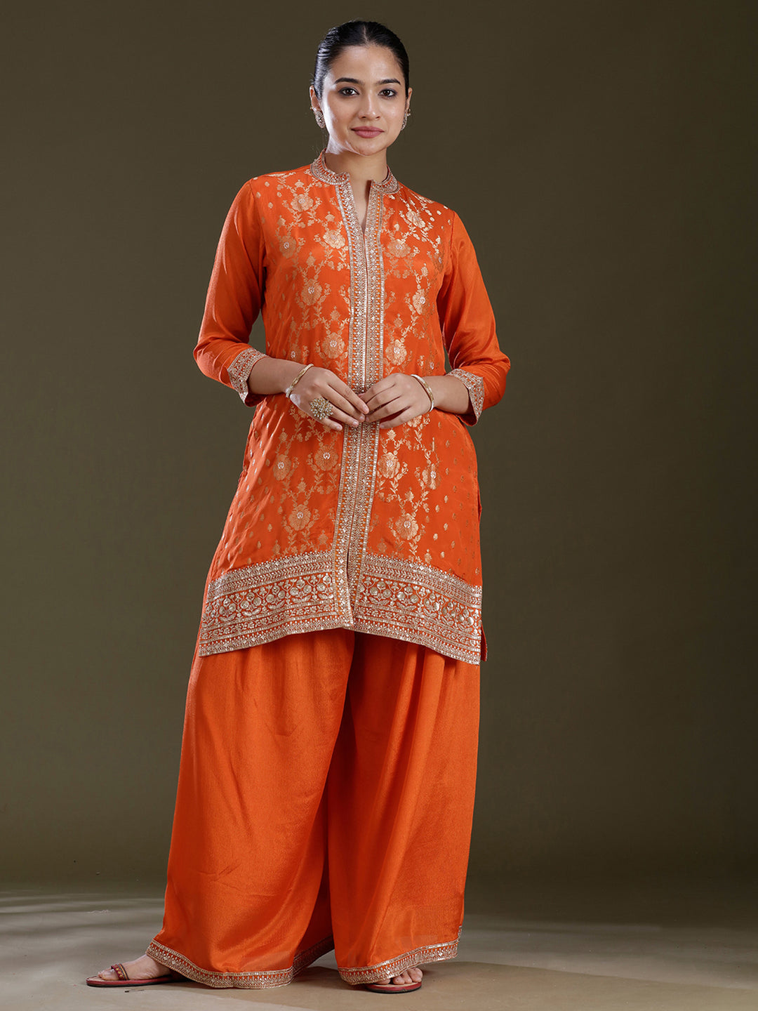 Orange Zariwork (Gold) Chinon Readymade Salwar Suit