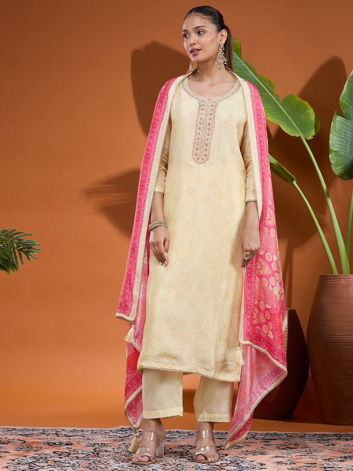 Cream Zariwork (Gold) Brocade Readymade Salwar Suit