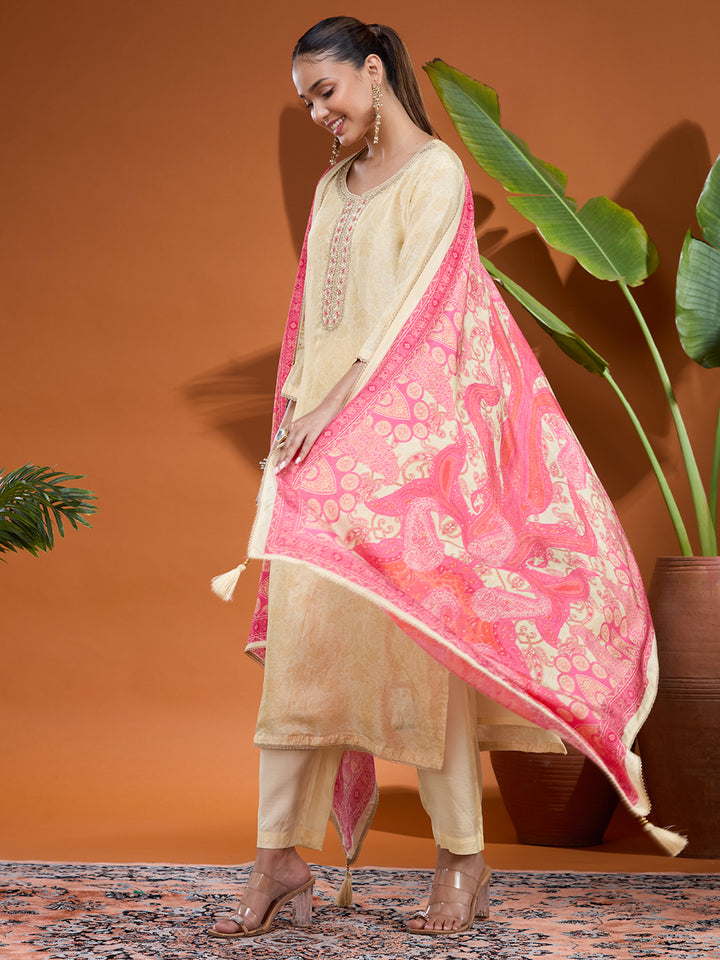 Cream Zariwork (Gold) Brocade Readymade Salwar Suit