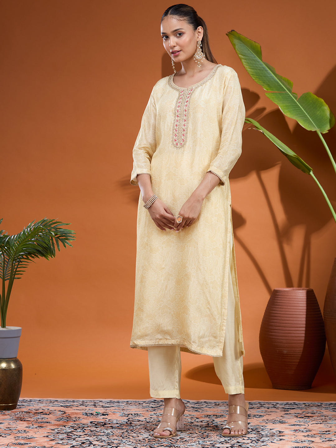 Cream Zariwork (Gold) Brocade Readymade Salwar Suit