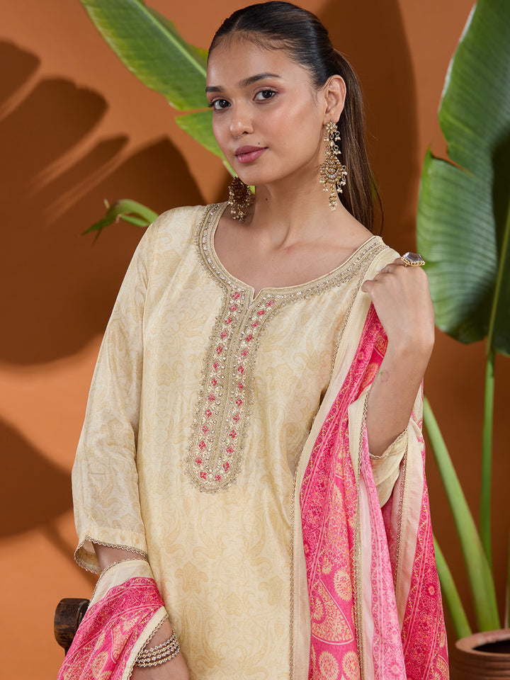 Cream Zariwork (Gold) Brocade Readymade Salwar Suit