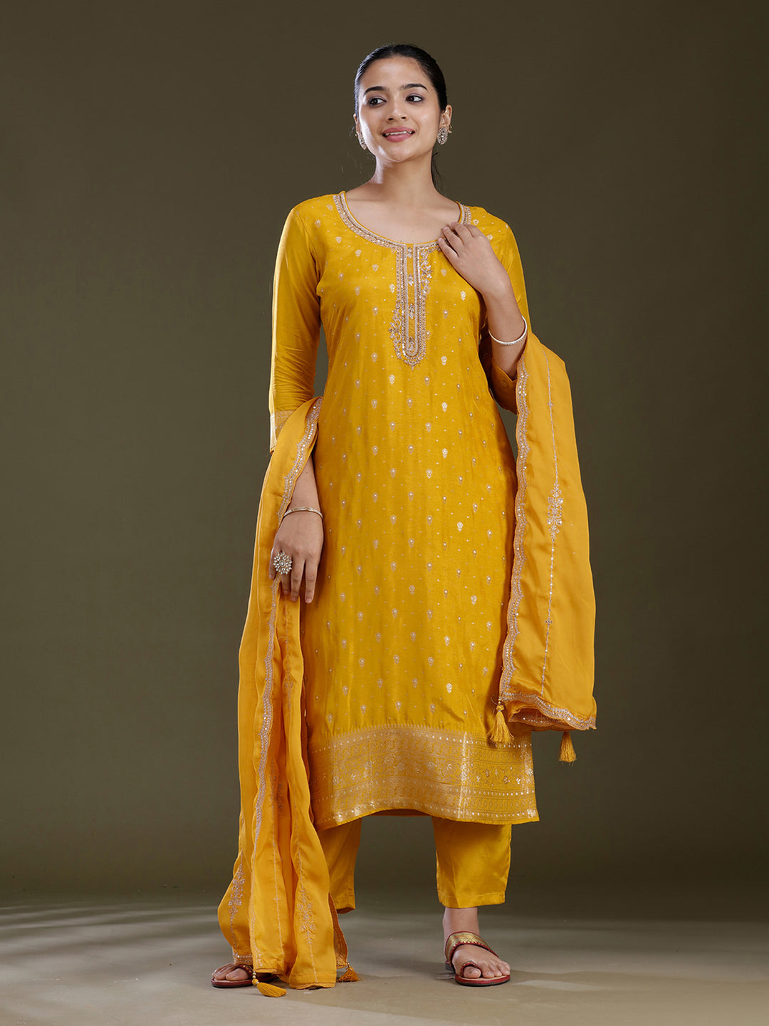 Yellow Zariwork (Gold) Chinon Readymade Salwar Suit