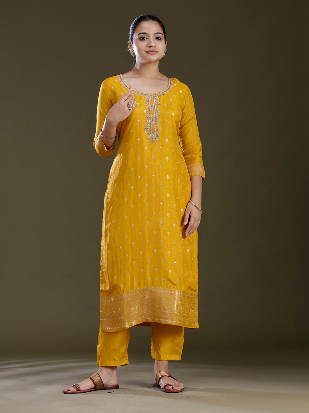 Yellow Zariwork (Gold) Chinon Readymade Salwar Suit