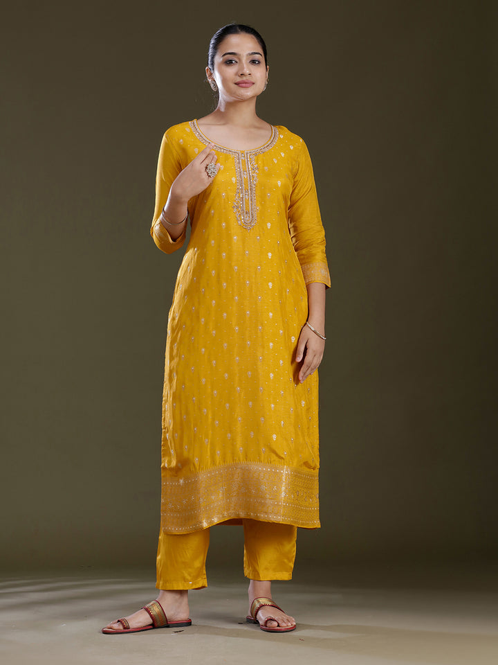 Yellow Zariwork (Gold) Chinon Readymade Salwar Suit