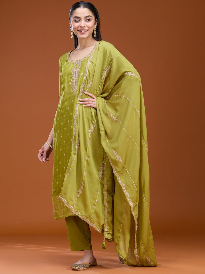 Leaf Green Zariwork (Gold) Brocade Readymade Salwar Suit