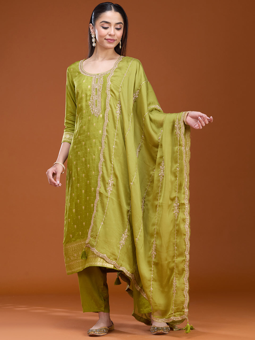 Leaf Green Zariwork (Gold) Brocade Readymade Salwar Suit
