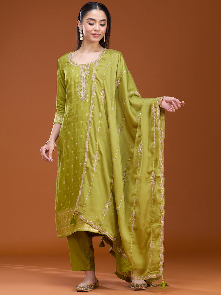 Leaf Green Zariwork (Gold) Brocade Readymade Salwar Suit