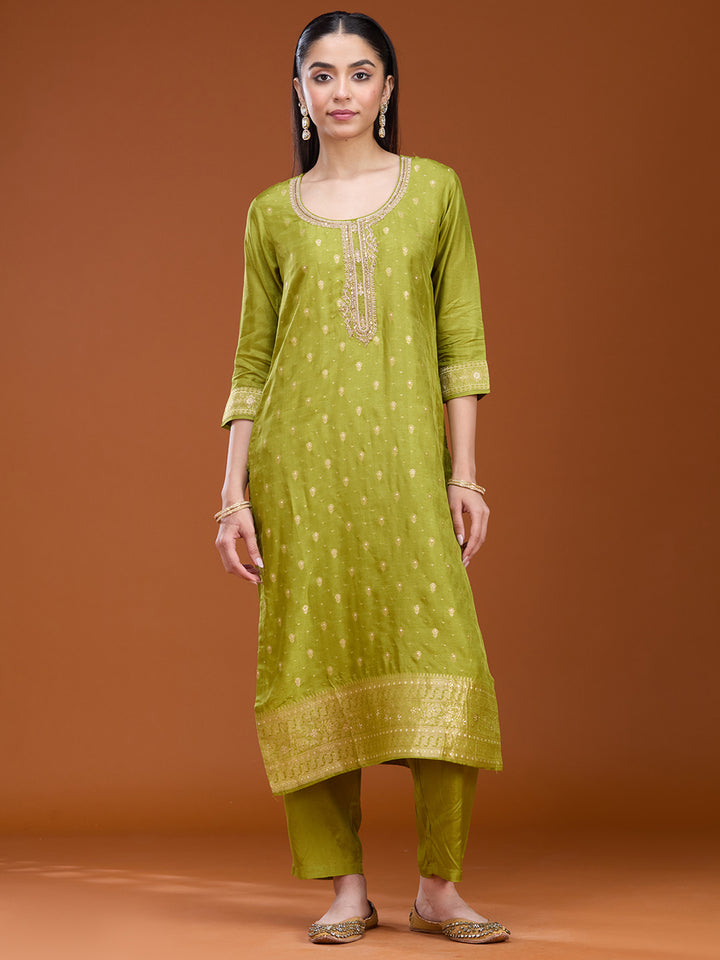 Leaf Green Zariwork (Gold) Brocade Readymade Salwar Suit