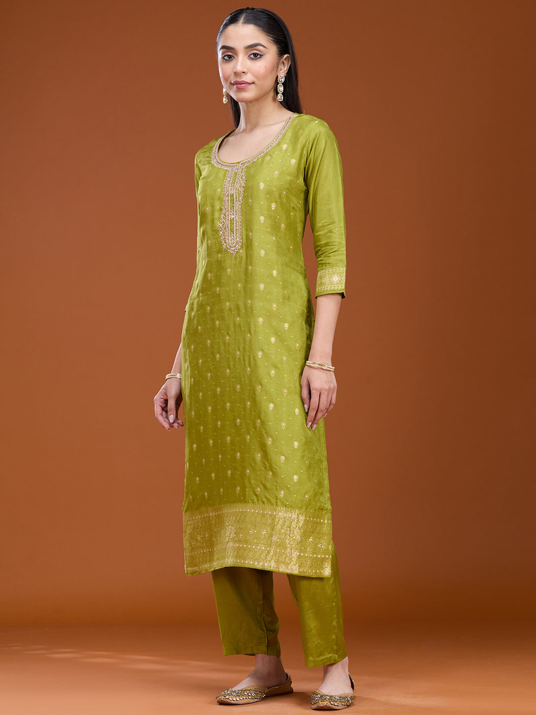 Leaf Green Zariwork (Gold) Brocade Readymade Salwar Suit