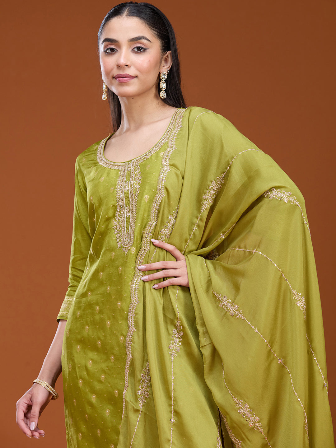Leaf Green Zariwork (Gold) Brocade Readymade Salwar Suit