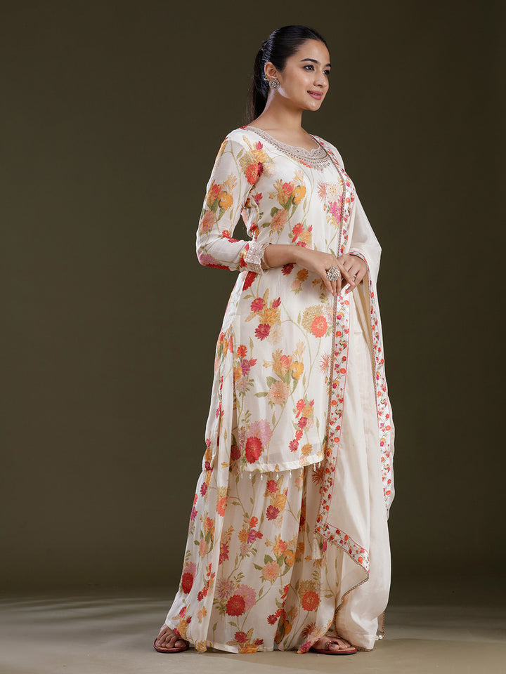 Cream Printed Chinon Readymade Salwar Suit