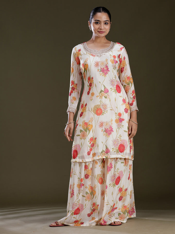 Cream Printed Chinon Readymade Salwar Suit