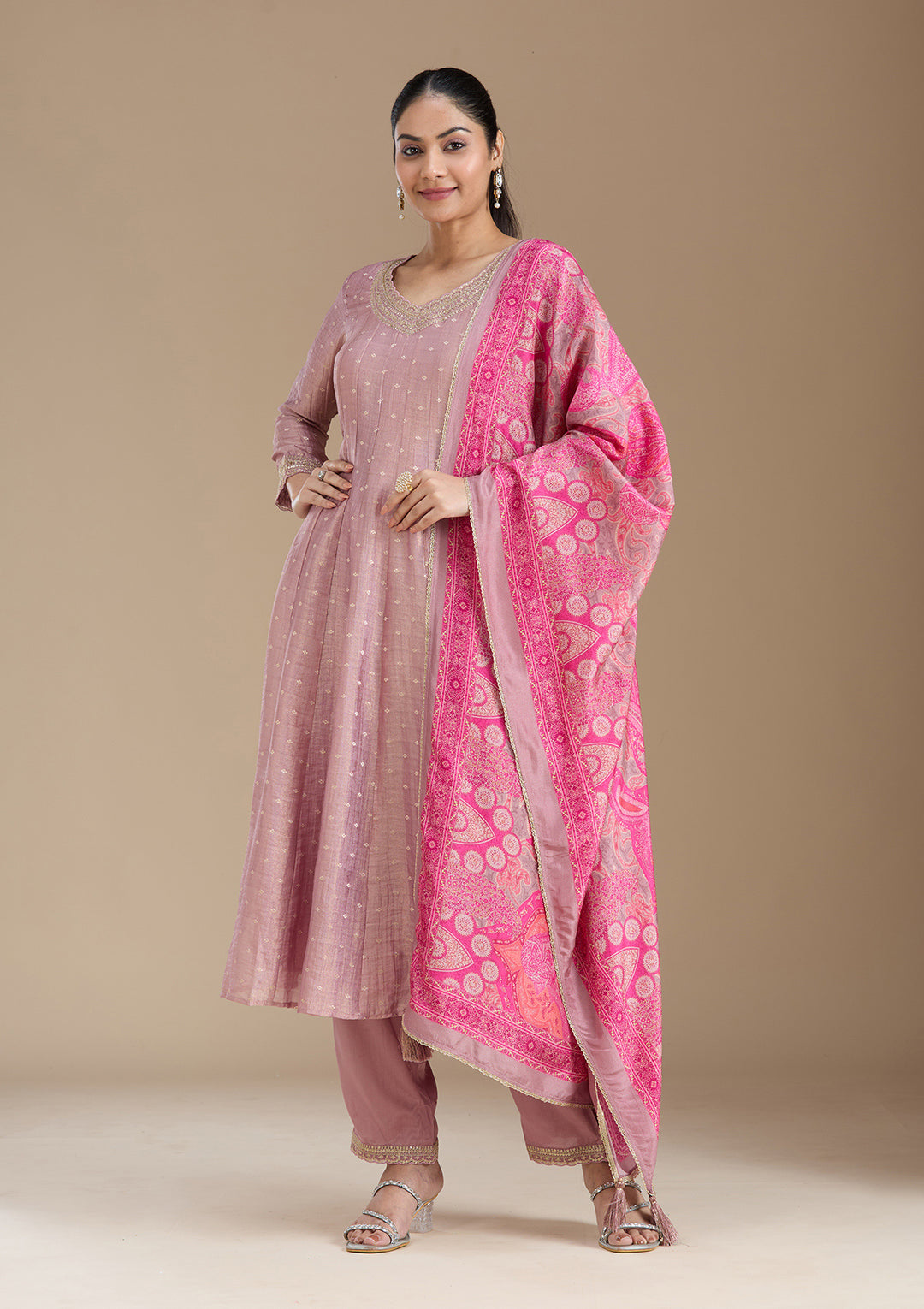 Mauve Zariwork (Gold) Tissue Readymade Salwar Suit