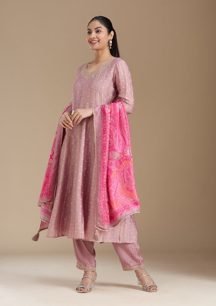 Mauve Zariwork (Gold) Tissue Readymade Salwar Suit