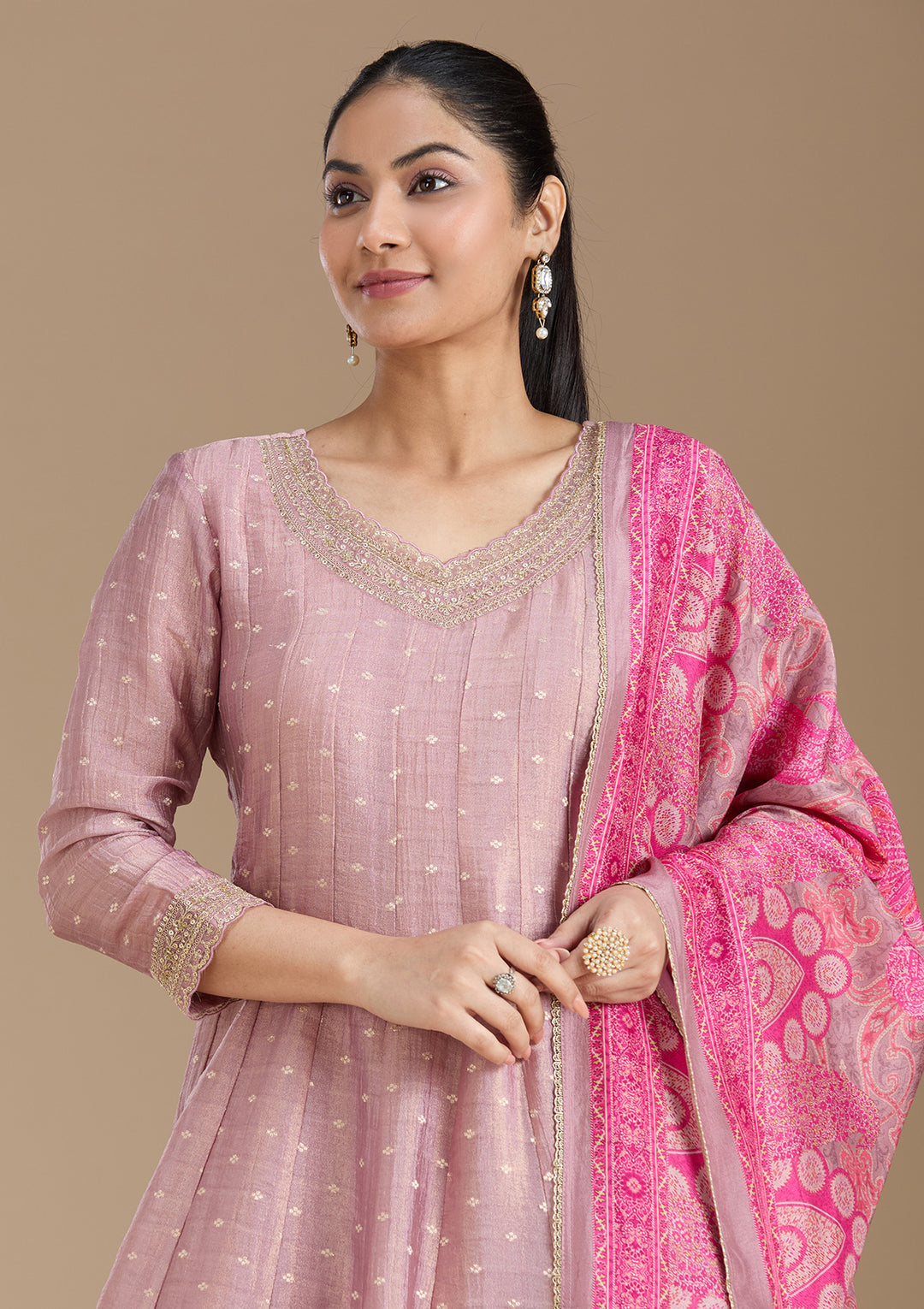 Mauve Zariwork (Gold) Tissue Readymade Salwar Suit