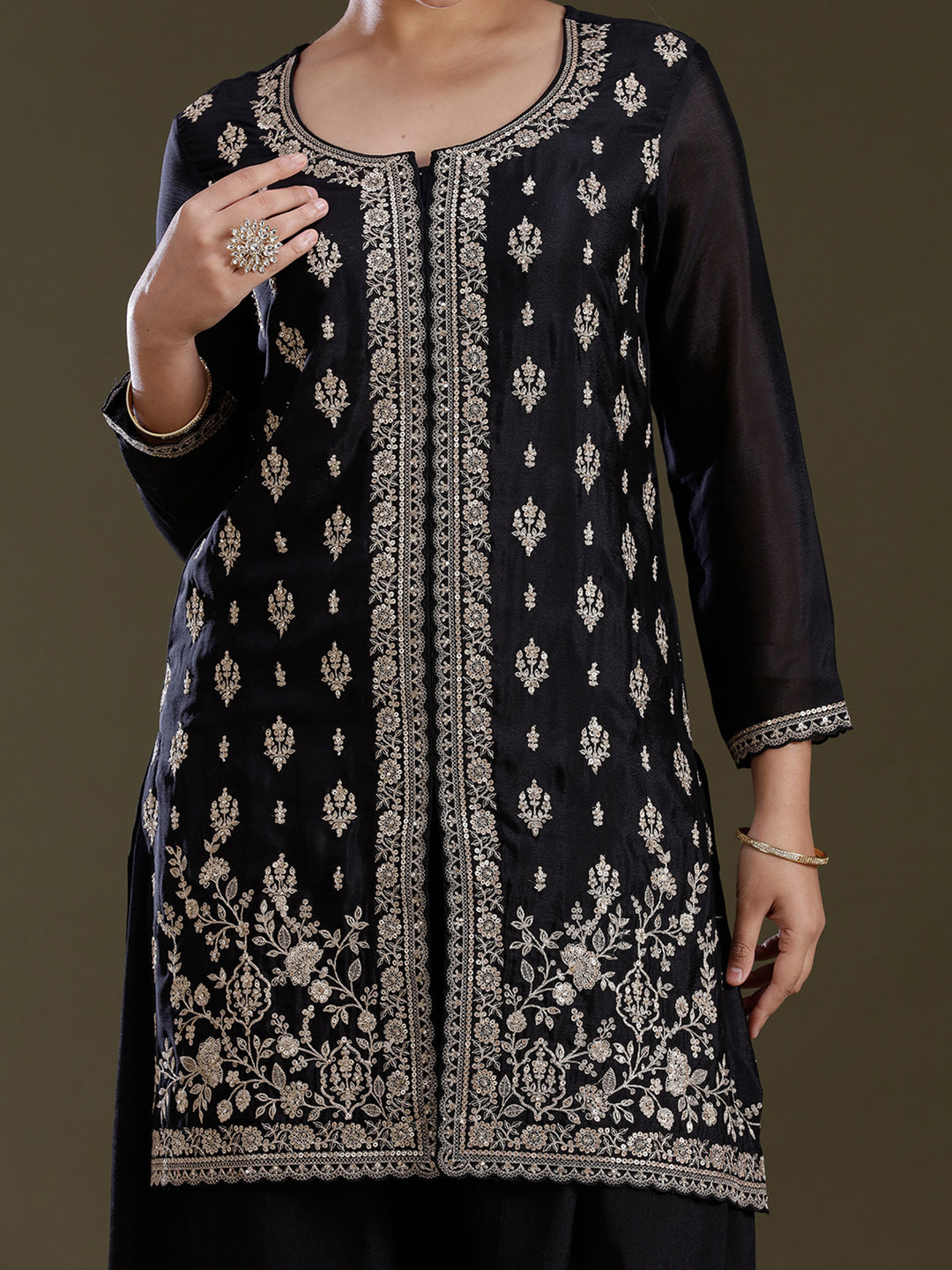 Black Zariwork (Gold) Chinon Readymade Salwar Suit
