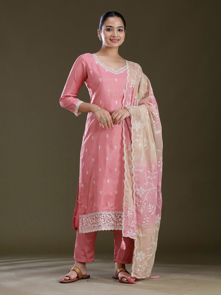 Peach Threadwork Dola Silk Readymade Salwar Suit