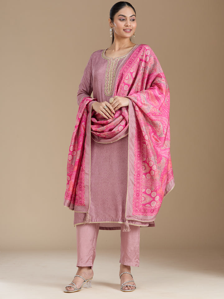 Mauve Threadwork Soft Raw Silk Readymade Salwar Suit