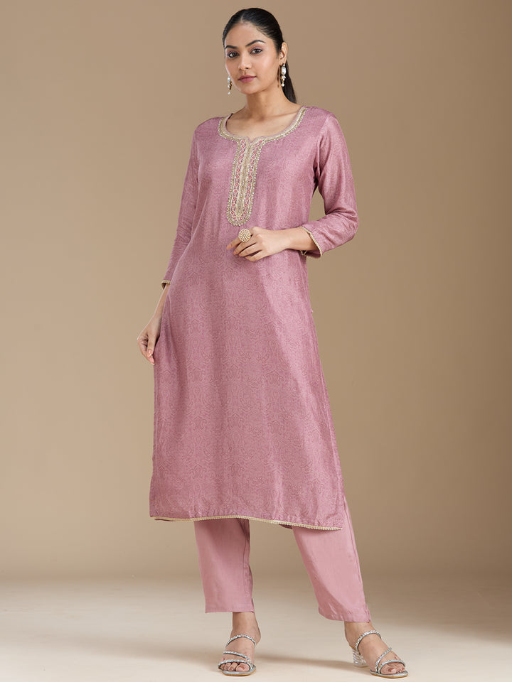 Mauve Threadwork Soft Raw Silk Readymade Salwar Suit
