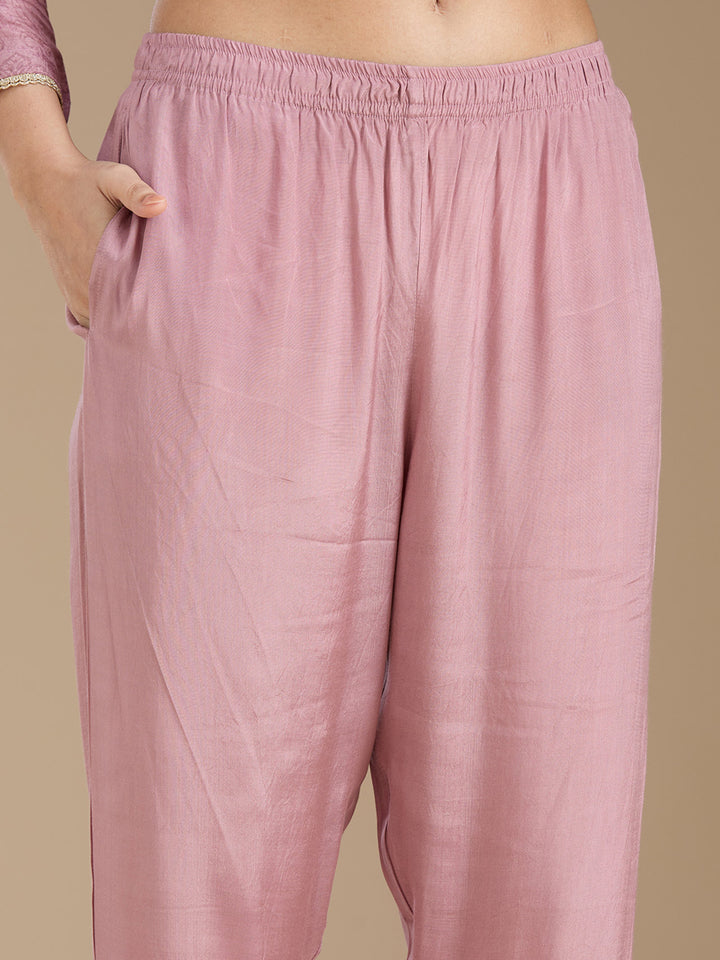 Mauve Threadwork Soft Raw Silk Readymade Salwar Suit