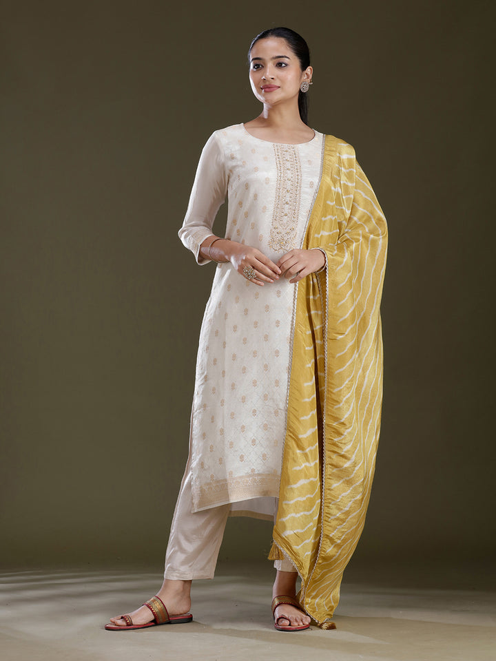 Cream Zariwork (Gold) Tissue Readymade Salwar Suit
