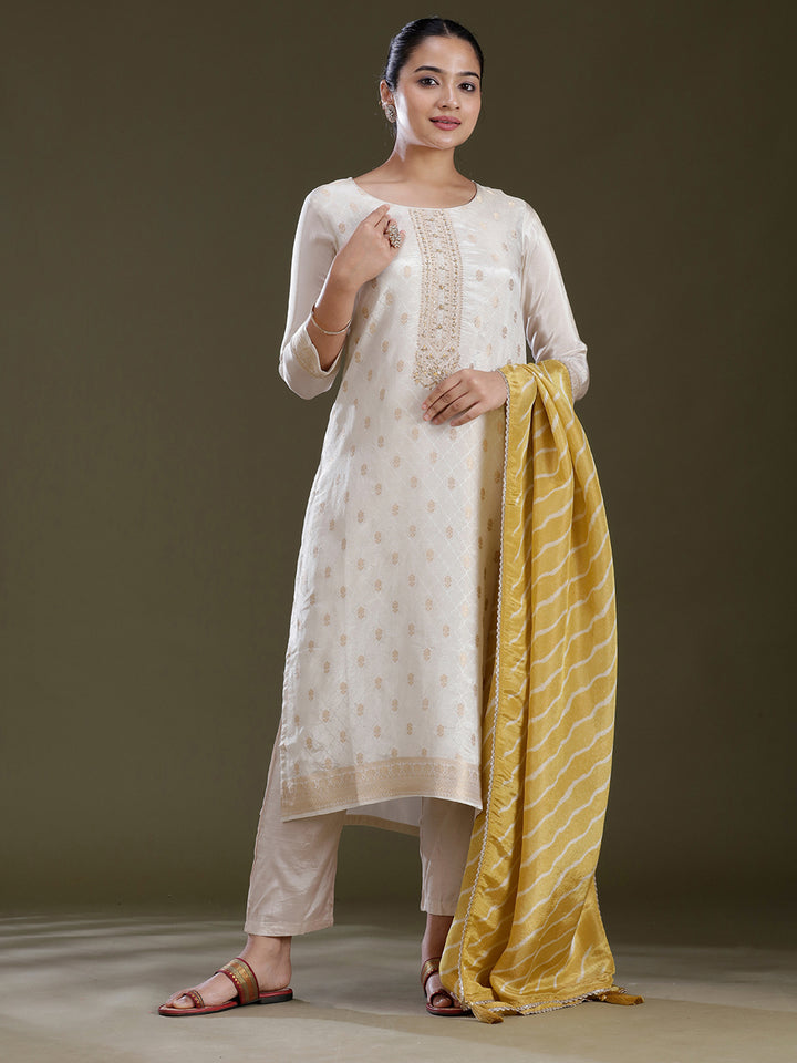 Cream Zariwork (Gold) Tissue Readymade Salwar Suit