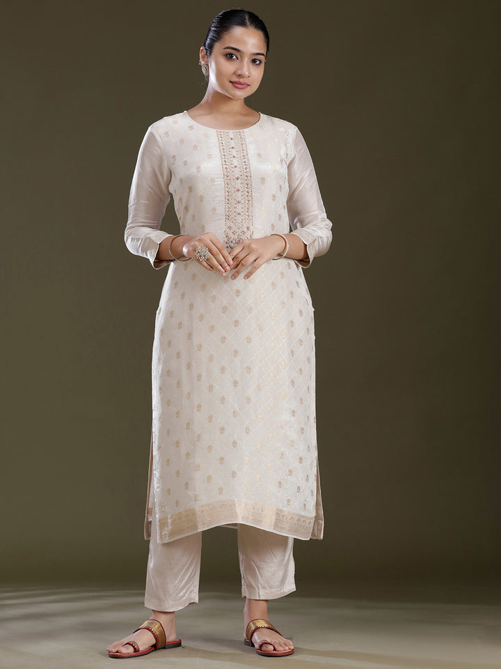 Cream Zariwork (Gold) Brocade Readymade Salwar Suit