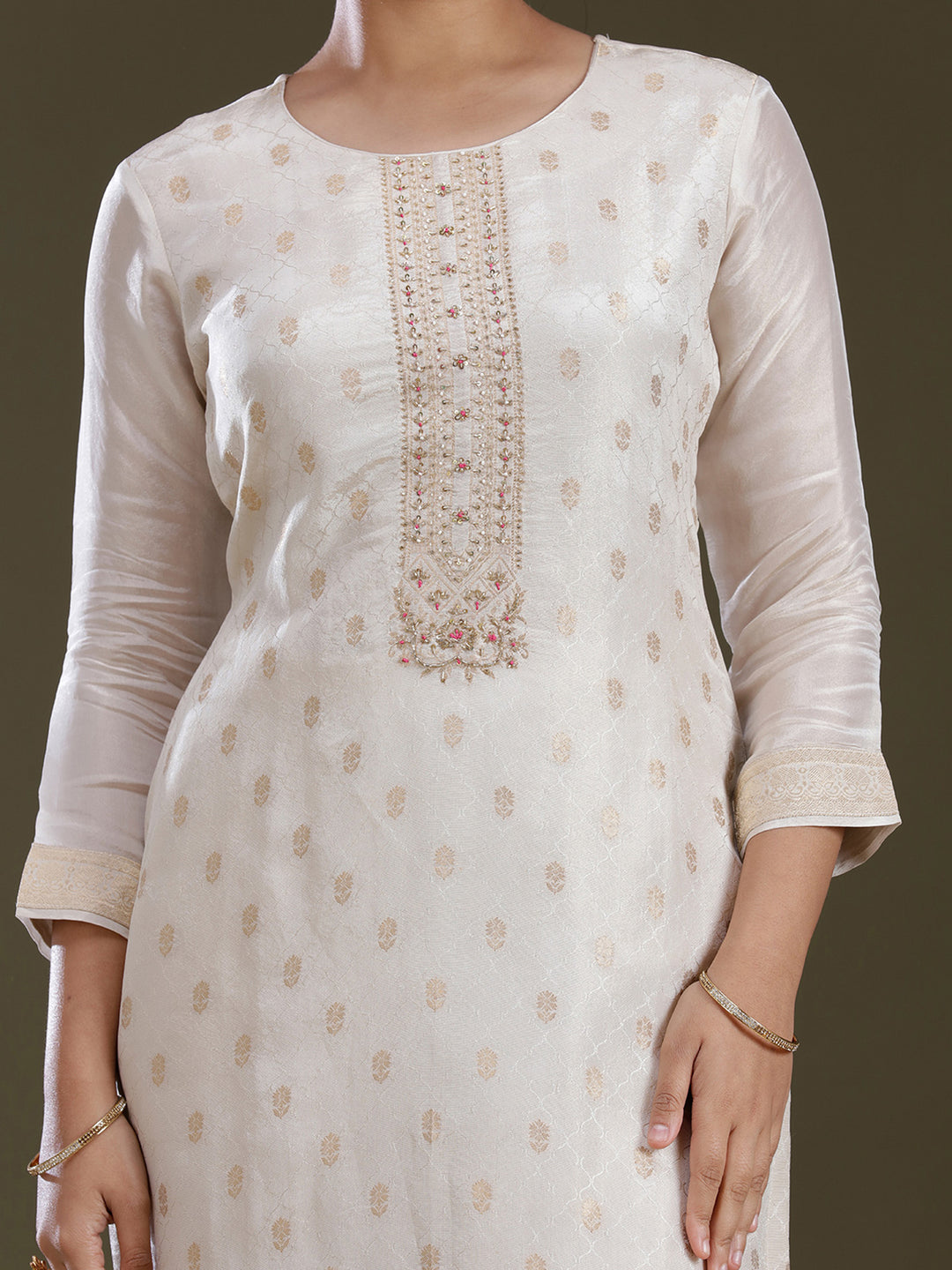 Cream Zariwork (Gold) Brocade Readymade Salwar Suit