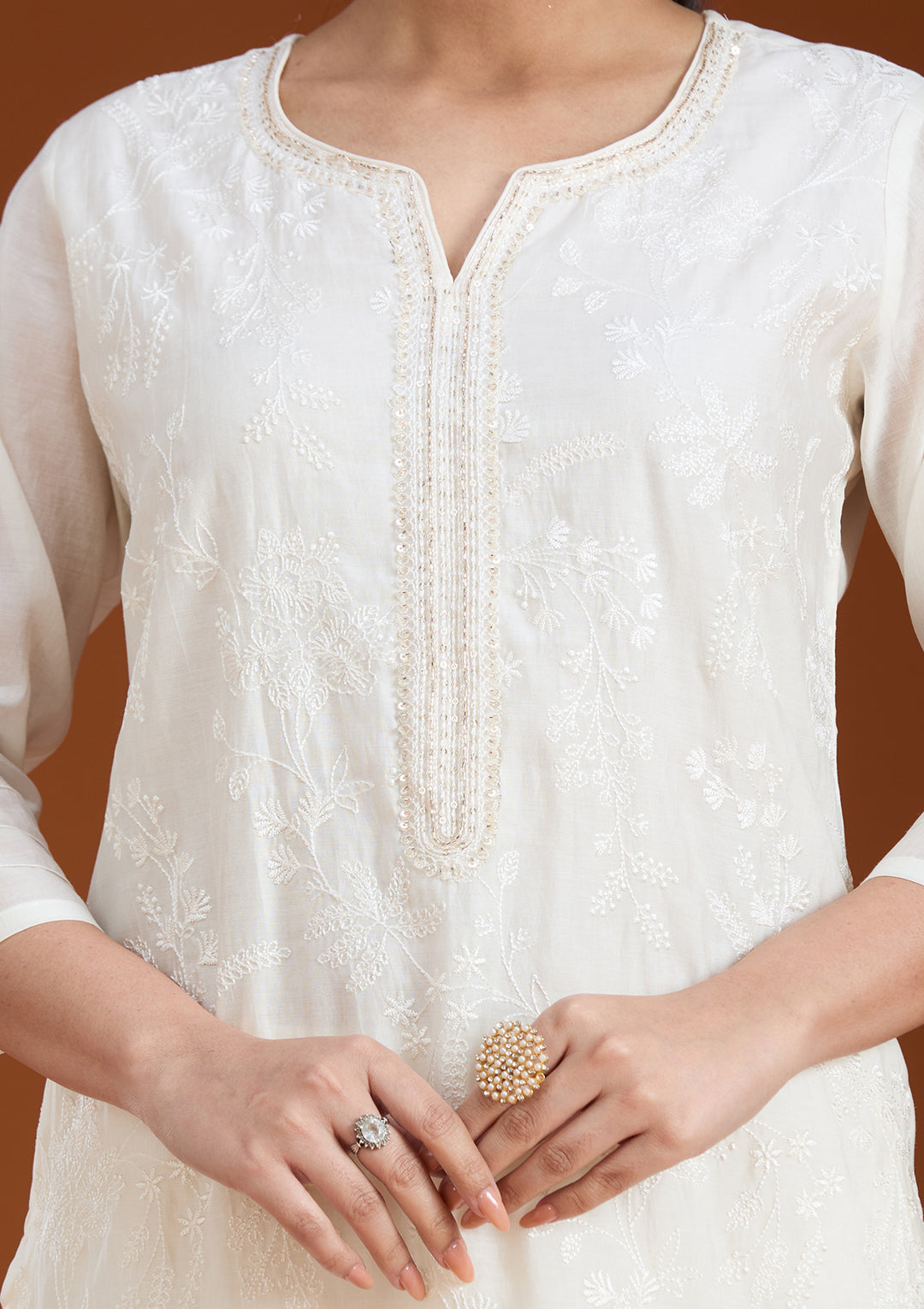 Cream Threadwork Chanderi Readymade Salwar Suit