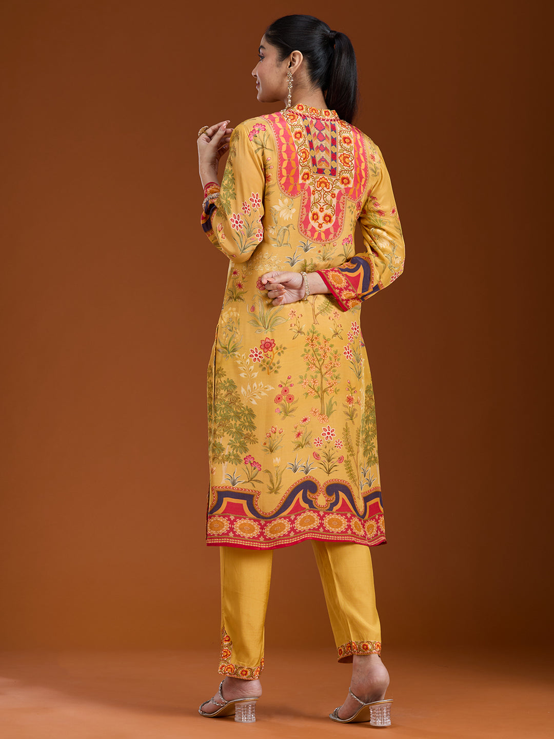 Yellow Printed Crepe Readymade Salwar Suit