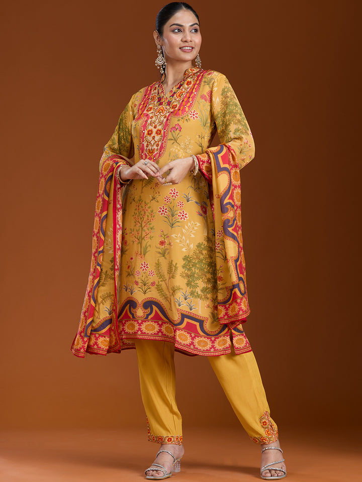 Yellow Printed Crepe Readymade Salwar Suit