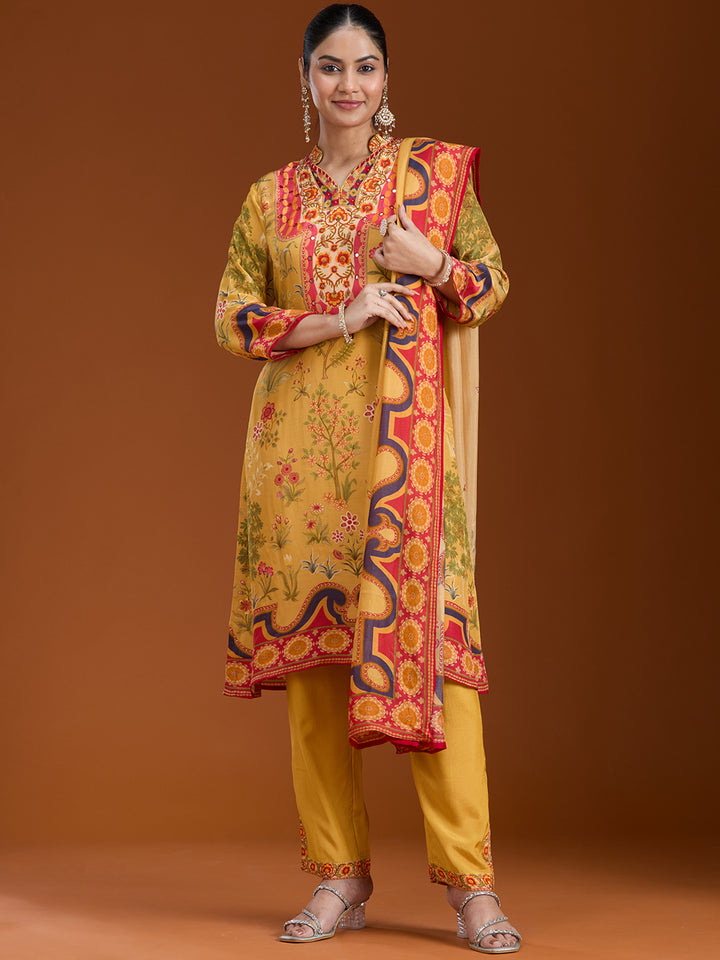 Yellow Printed Crepe Readymade Salwar Suit