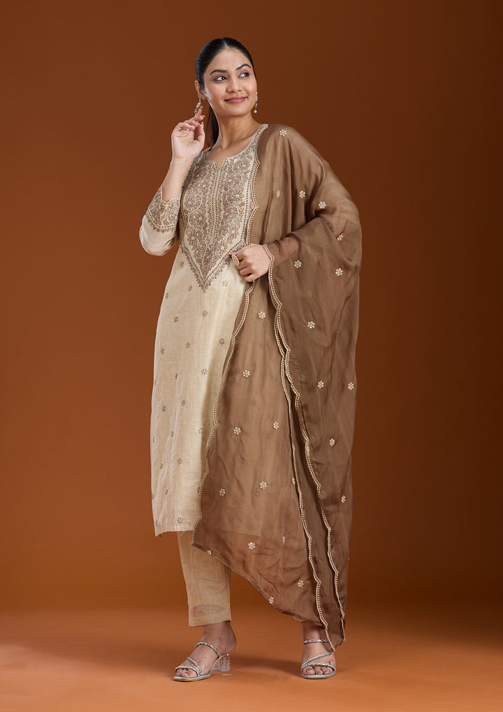 Beige Threadwork Chanderi Readymade Salwar Suit