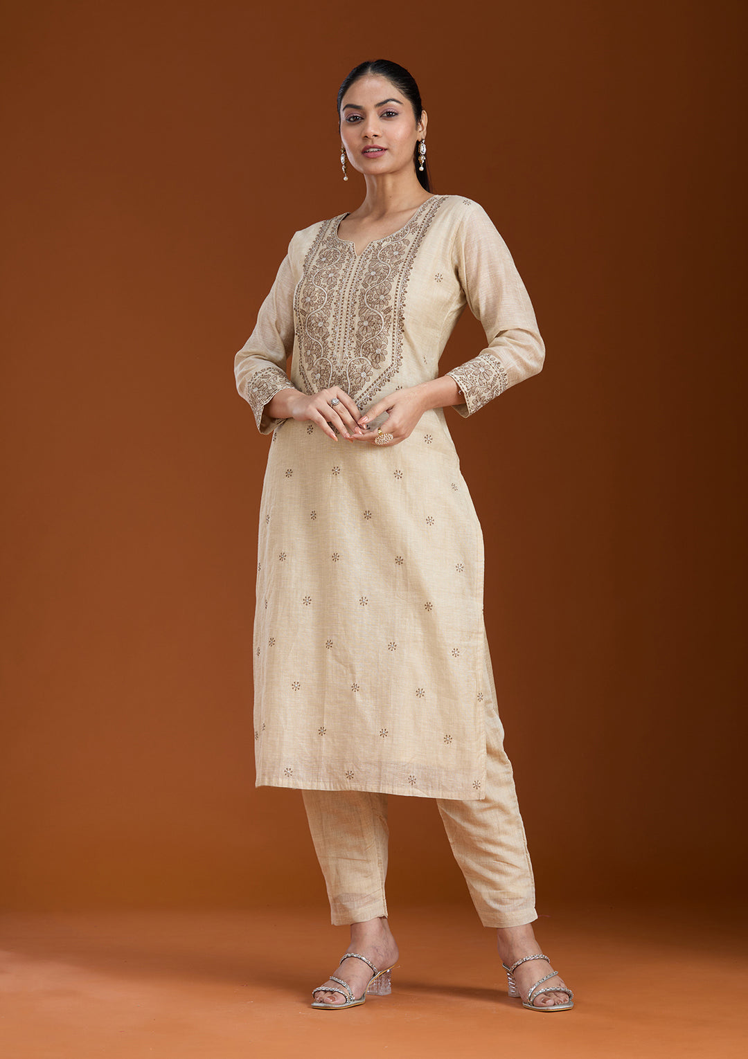 Beige Threadwork Chanderi Readymade Salwar Suit