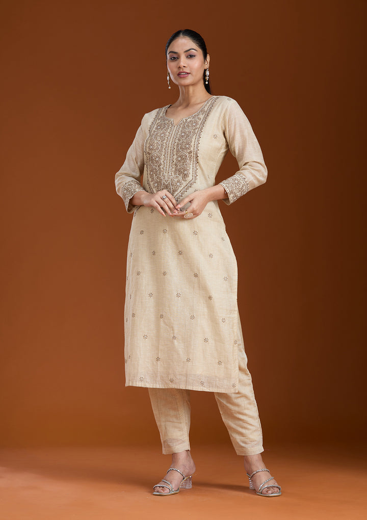 Beige Threadwork Chanderi Readymade Salwar Suit