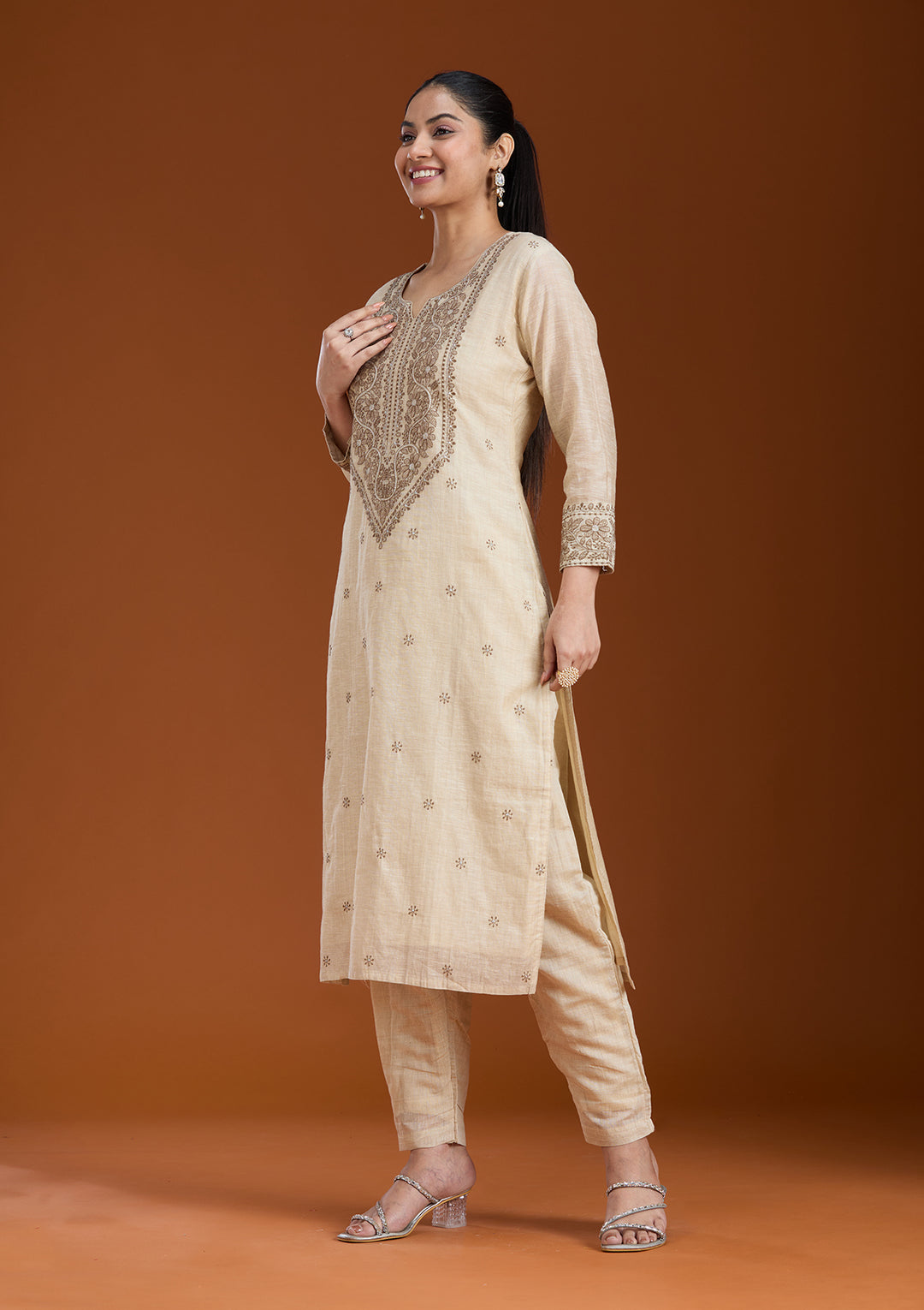 Beige Threadwork Chanderi Readymade Salwar Suit