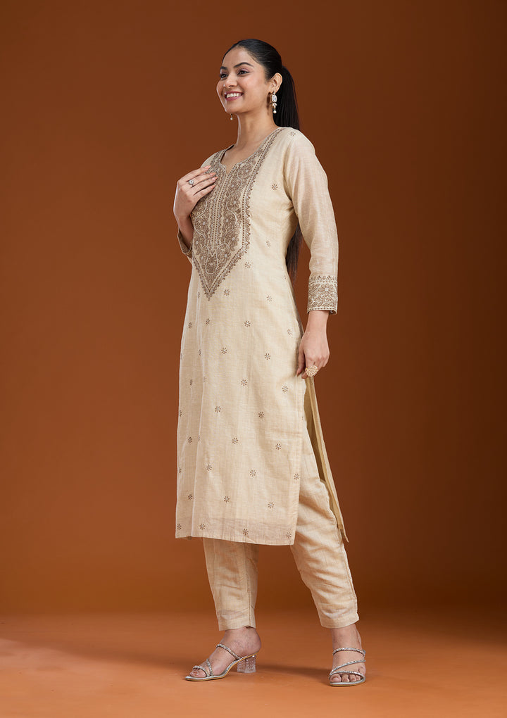 Beige Threadwork Chanderi Readymade Salwar Suit