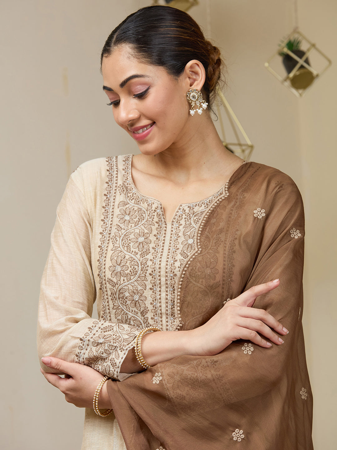 Beige Threadwork Chanderi Readymade Salwar Suit